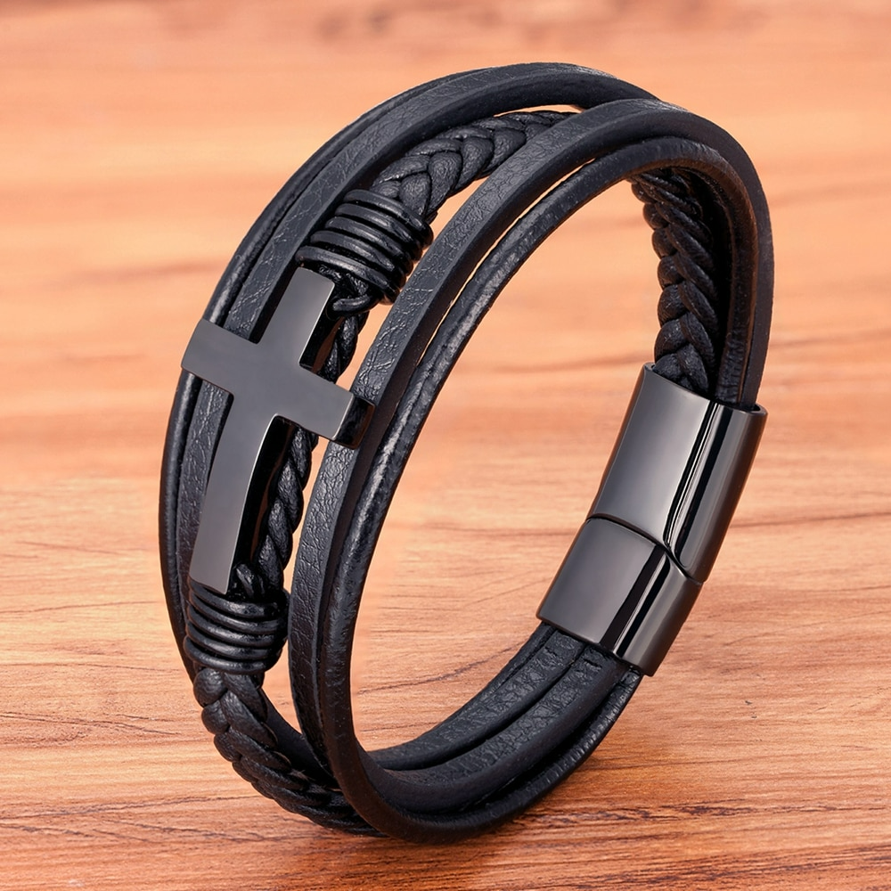 Classic Stainless Steel Men's Leather Bracelet