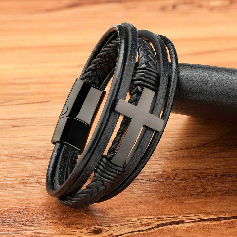 Classic Stainless Steel Men's Leather Bracelet
