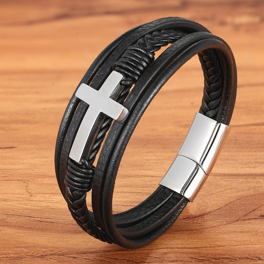 Classic Stainless Steel Men's Leather Bracelet