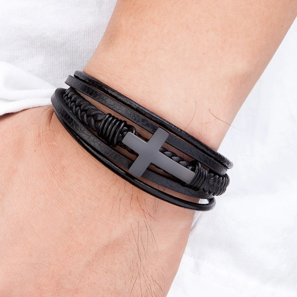 Classic Stainless Steel Men's Leather Bracelet