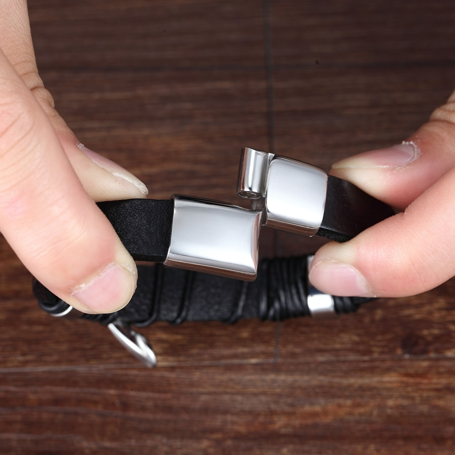 Classic Stainless Steel Men's Leather Bracelet